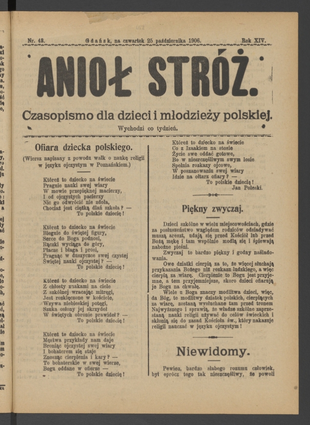 Anioł Str&oacute;ż&nbsp;: czasopismo dla&nbsp;dzieci i&nbsp;młodzieży polskiej. Rok 14, 1906, numer&nbsp;43