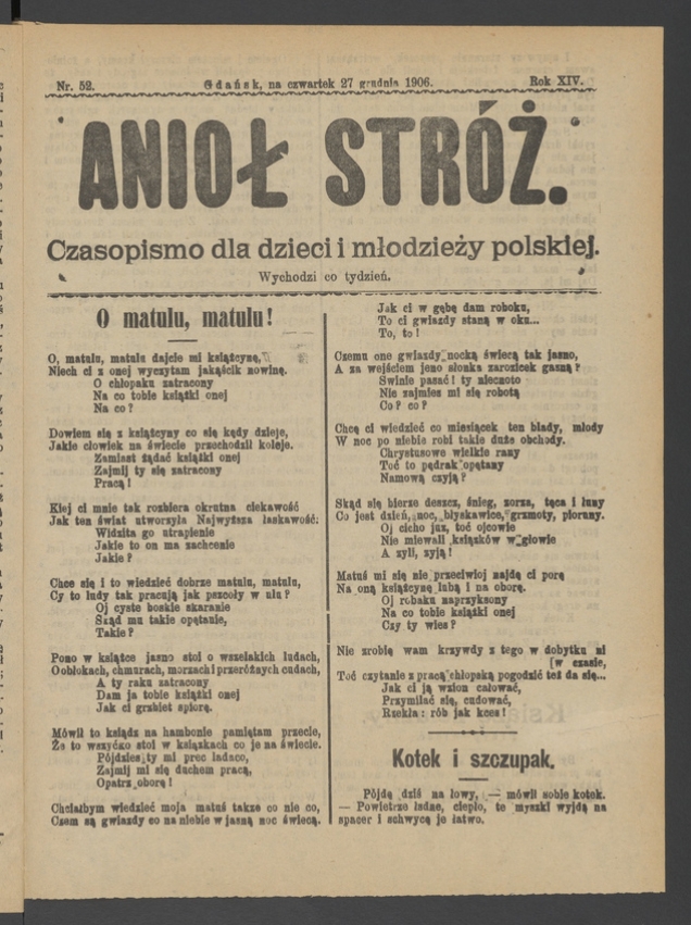 Anioł Str&oacute;ż&nbsp;: czasopismo dla&nbsp;dzieci i&nbsp;młodzieży polskiej. Rok 14, 1906, numer&nbsp;52