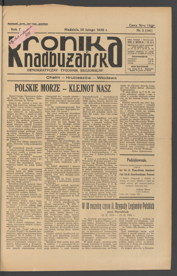 Kronika Nadbużańska&nbsp;: demokratyczny tygodnik regjonalny. Rok&nbsp;4, 1936, numer&nbsp;5