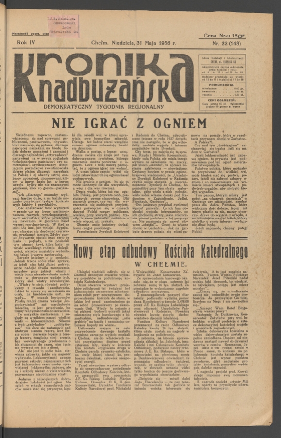 Kronika Nadbużańska&nbsp;: demokratyczny tygodnik regjonalny. Rok&nbsp;4, 1936, numer&nbsp;22