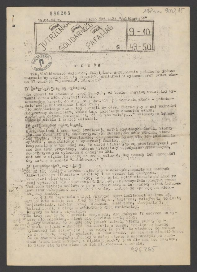 Jutrzenka Solidarność Pafawag&nbsp;: pismo TKZ NSZZ &bdquo;Solidarność&rdquo;. 1984, numer&nbsp;9-10 (49-50)