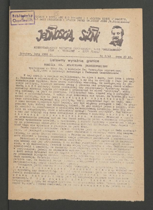 Jednością Silni&nbsp;: międzyzakładowy biuletyn informacyjny NSZZ &bdquo;Solidarność&rdquo; PTHW-Wrozamet-ZPUT (Inco). 1986, numer&nbsp;2&nbsp;(48)