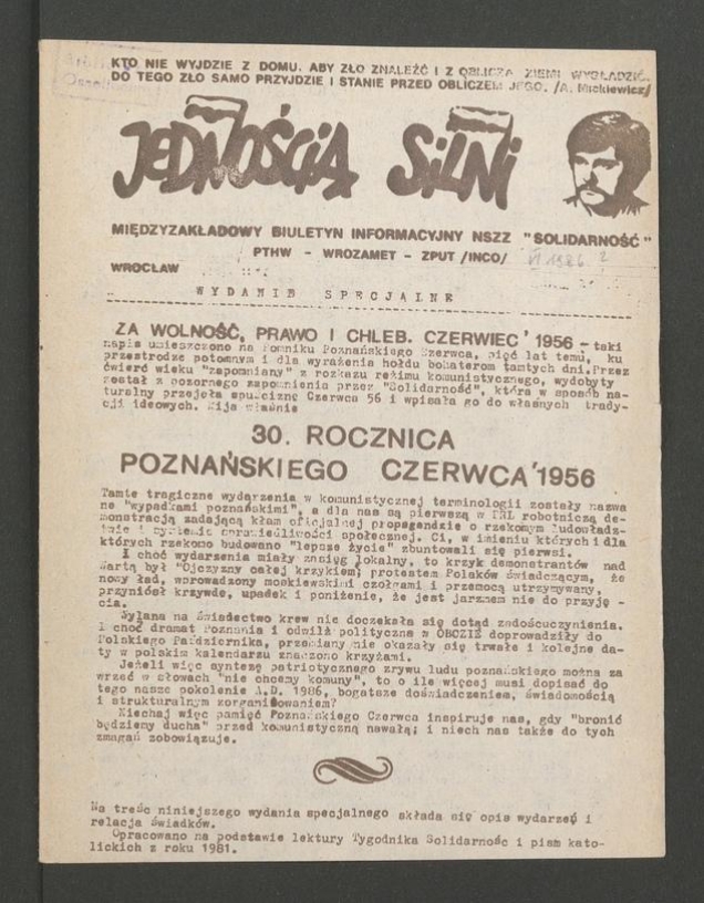 Jednością Silni&nbsp;: międzyzakładowy biuletyn informacyjny NSZZ &bdquo;Solidarność&rdquo; PTHW-Wrozamet-ZPUT (Inco). 1986, wydanie specjalne