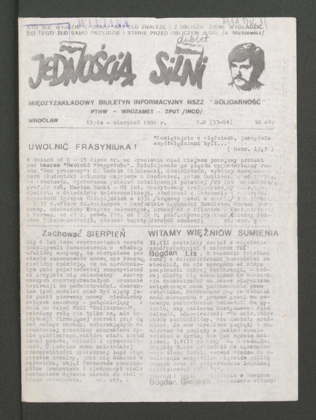 Jednością Silni&nbsp;: międzyzakładowy biuletyn informacyjny NSZZ &bdquo;Solidarność&rdquo; PTHW-Wrozamet-ZPUT (Inco). 1986, numer&nbsp;7-8&nbsp;(53-54)