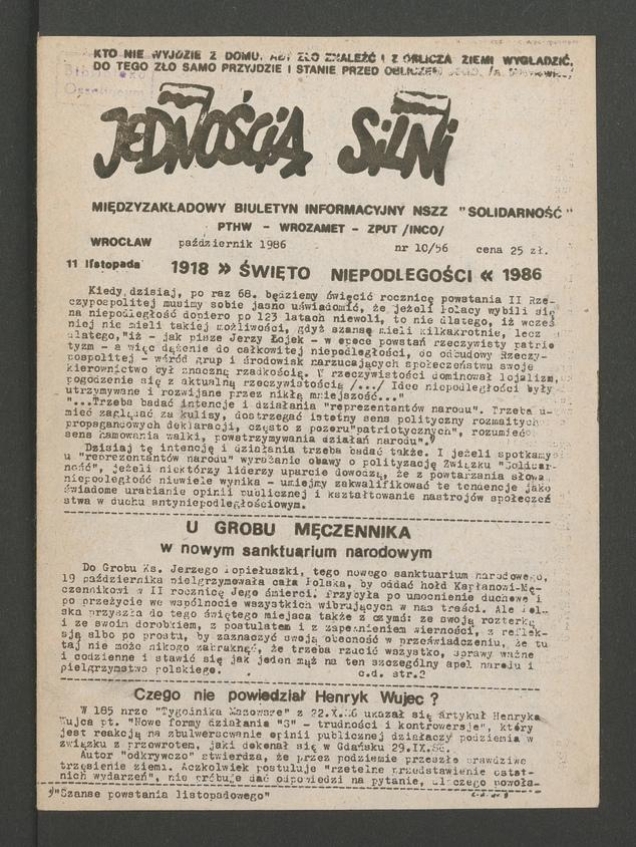 Jednością Silni&nbsp;: międzyzakładowy biuletyn informacyjny NSZZ &bdquo;Solidarność&rdquo; PTHW-Wrozamet-ZPUT (Inco). 1986, numer&nbsp;10&nbsp;(56)