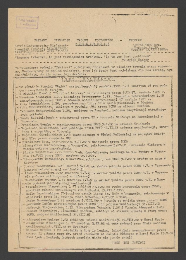 Iskierka&nbsp;: serwis informacyjny Międzyzakładowego Komitetu Strajkowego ZNTK Wrocław. 1982, numer&nbsp;39