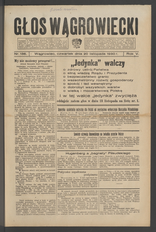 Głos Wągrowiecki. Rok&nbsp;5, 1930, numer&nbsp;136