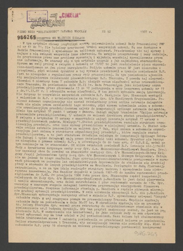 Jutrzenka&nbsp;: pismo NSZZ &bdquo;Solidarność&rdquo; Pafawag Wrocław. 1987, numer&nbsp;92