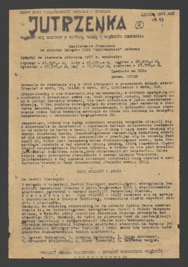 Jutrzenka&nbsp;: pismo NSZZ &bdquo;Solidarność&rdquo; Pafawag Wrocław. 1986, numer&nbsp;83