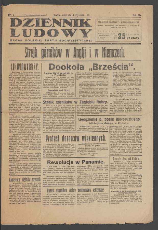 Dziennik Ludowy&nbsp;: organ Polskiej Partji Socjalistycznej. Rok&nbsp;14, 1931, numer&nbsp;3