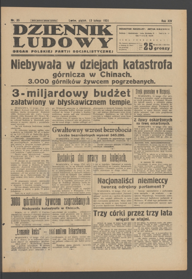Dziennik Ludowy&nbsp;: organ Polskiej Partji Socjalistycznej. Rok&nbsp;14, 1931, numer&nbsp;35