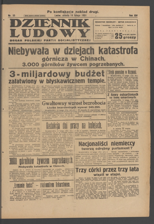 Dziennik Ludowy&nbsp;: organ Polskiej Partji Socjalistycznej. Rok&nbsp;14, 1931, numer&nbsp;35 (po&nbsp;konfiskacie nakład drugi)