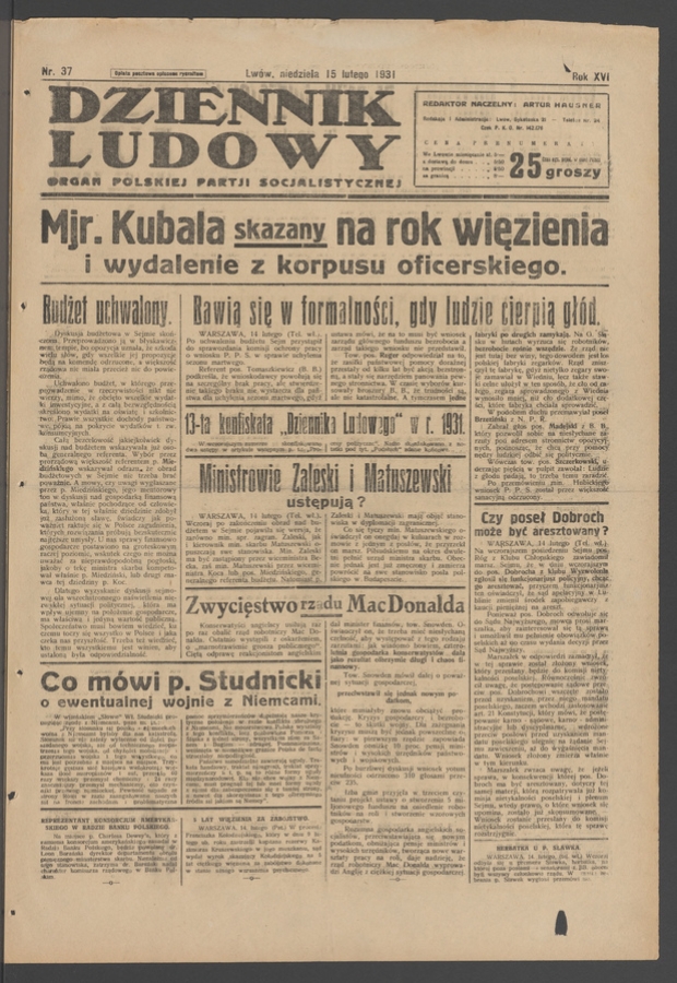Dziennik Ludowy&nbsp;: organ Polskiej Partji Socjalistycznej. Rok&nbsp;14, 1931, numer&nbsp;37