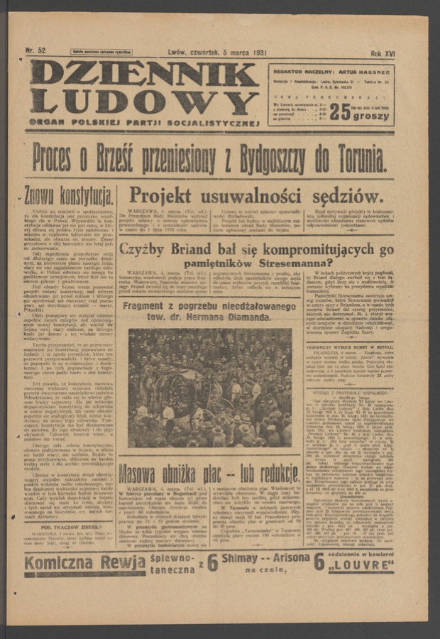 Dziennik Ludowy&nbsp;: organ Polskiej Partji Socjalistycznej. Rok&nbsp;14, 1931, numer&nbsp;52