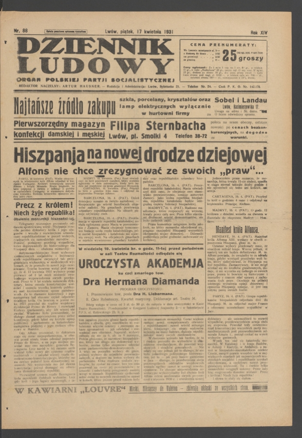 Dziennik Ludowy&nbsp;: organ Polskiej Partji Socjalistycznej. Rok&nbsp;14, 1931, numer&nbsp;88