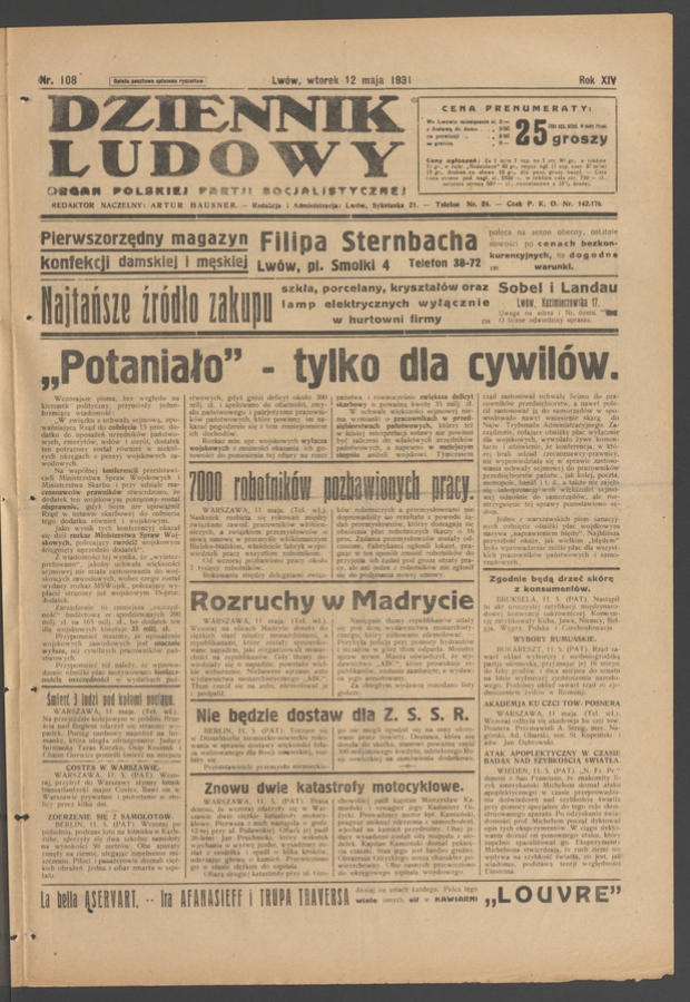 Dziennik Ludowy&nbsp;: organ Polskiej Partji Socjalistycznej. Rok&nbsp;14, 1931, numer&nbsp;108