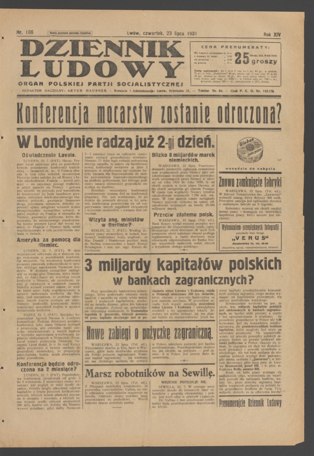 Dziennik Ludowy&nbsp;: organ Polskiej Partji Socjalistycznej. Rok&nbsp;14, 1931, numer&nbsp;166