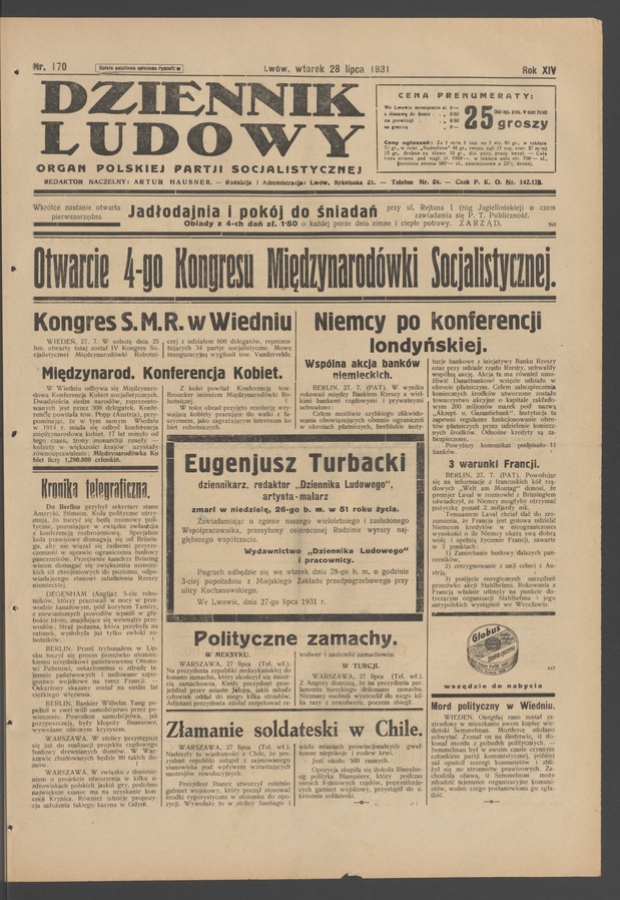 Dziennik Ludowy&nbsp;: organ Polskiej Partji Socjalistycznej. Rok&nbsp;14, 1931, numer&nbsp;170