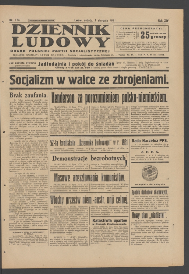 Dziennik Ludowy&nbsp;: organ Polskiej Partji Socjalistycznej. Rok&nbsp;14, 1931, numer&nbsp;174