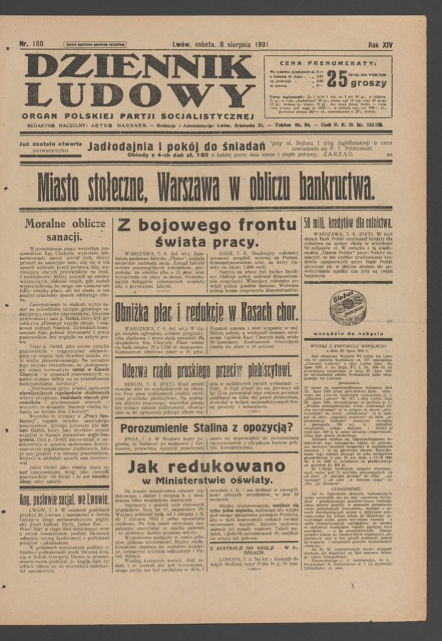 Dziennik Ludowy&nbsp;: organ Polskiej Partji Socjalistycznej. Rok&nbsp;14, 1931, numer&nbsp;180