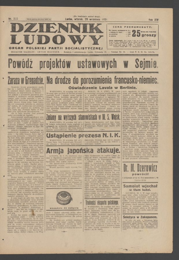 Dziennik Ludowy&nbsp;: organ Polskiej Partji Socjalistycznej. Rok&nbsp;14, 1931, numer&nbsp;223 (po&nbsp;konfiskacie nakład drugi)