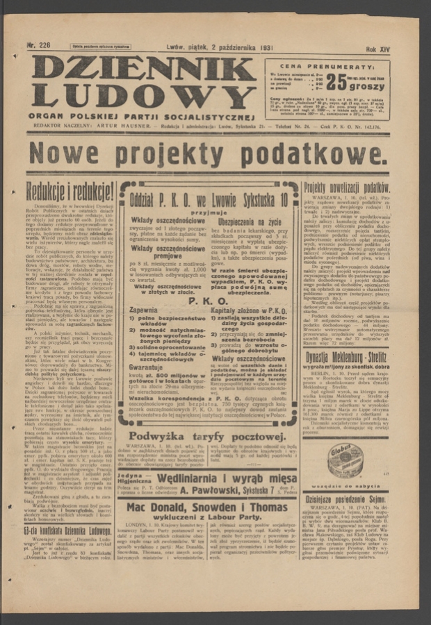 Dziennik Ludowy&nbsp;: organ Polskiej Partji Socjalistycznej. Rok&nbsp;14, 1931, numer&nbsp;226