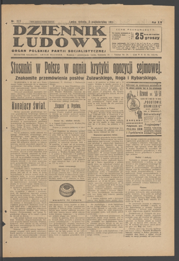 Dziennik Ludowy&nbsp;: organ Polskiej Partji Socjalistycznej. Rok&nbsp;14, 1931, numer&nbsp;227