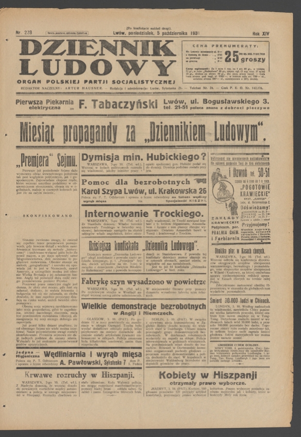 Dziennik Ludowy&nbsp;: organ Polskiej Partji Socjalistycznej. Rok&nbsp;14, 1931, numer&nbsp;228 (po&nbsp;konfiskacie nakład drugi)