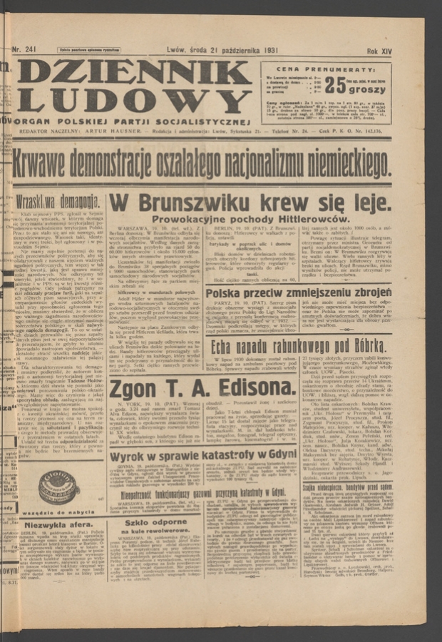 Dziennik Ludowy&nbsp;: organ Polskiej Partji Socjalistycznej. Rok&nbsp;14, 1931, numer&nbsp;241