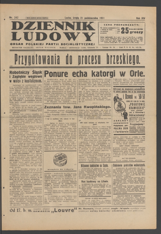 Dziennik Ludowy&nbsp;: organ Polskiej Partji Socjalistycznej. Rok&nbsp;14, 1931, numer&nbsp;242