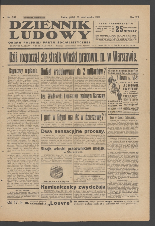 Dziennik Ludowy&nbsp;: organ Polskiej Partji Socjalistycznej. Rok&nbsp;14, 1931, numer&nbsp;244