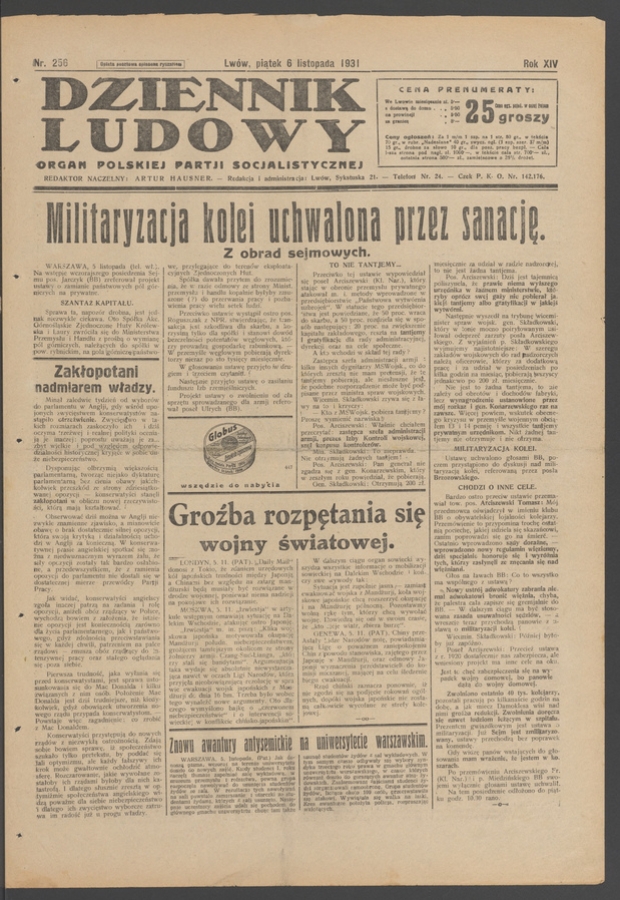 Dziennik Ludowy&nbsp;: organ Polskiej Partji Socjalistycznej. Rok&nbsp;14, 1931, numer&nbsp;256