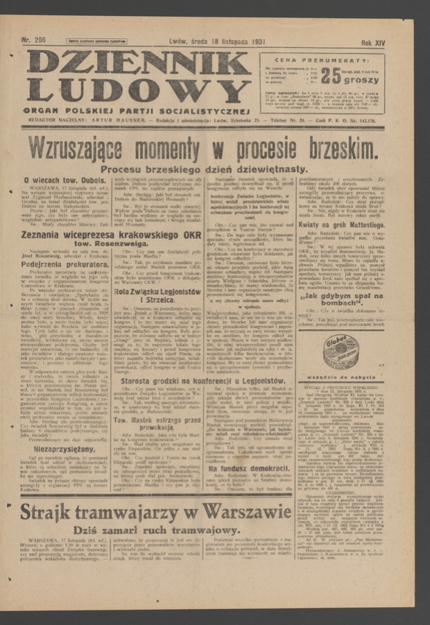 Dziennik Ludowy&nbsp;: organ Polskiej Partji Socjalistycznej. Rok&nbsp;14, 1931, numer&nbsp;266