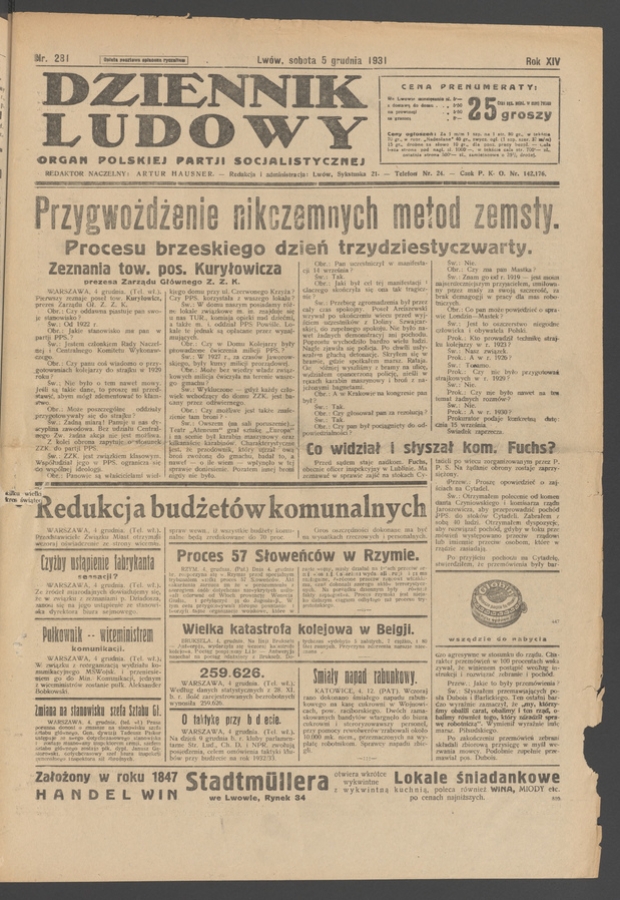 Dziennik Ludowy&nbsp;: organ Polskiej Partji Socjalistycznej. Rok&nbsp;14, 1931, numer&nbsp;281