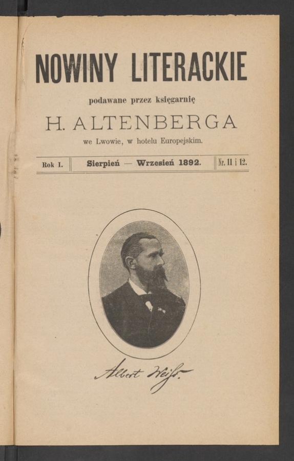Nowiny Literackie&nbsp;: podawane przez Księgarnię H.&nbsp;Altenberga we&nbsp;Lwowie, w&nbsp;hotelu Europejskim. Rok&nbsp;1, 1892, numer&nbsp;11-12
