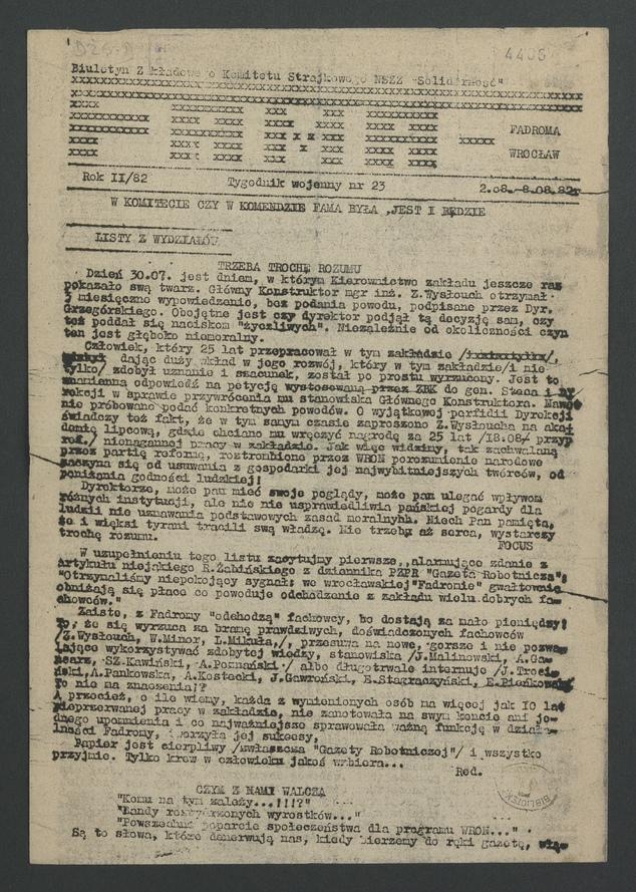 Fama&nbsp;: biuletyn Zakładowego Komitetu Strajkowego NSZZ &bdquo;Solidarność&rdquo; Wrocław Fadroma&nbsp;: tygodnik wojenny. Rok&nbsp;2, 1982, numer&nbsp;23