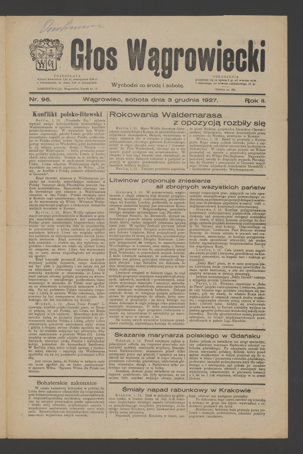 Głos Wągrowiecki. Rok&nbsp;2, 1927, numer&nbsp;96