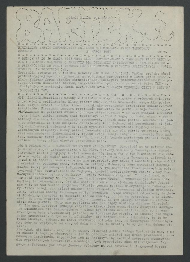 Bartek : niezależny srewis informacyjny Solidarności Zakład&oacute;w Pracy Tarnogaju Wrocław. 1983, numer&nbsp;16