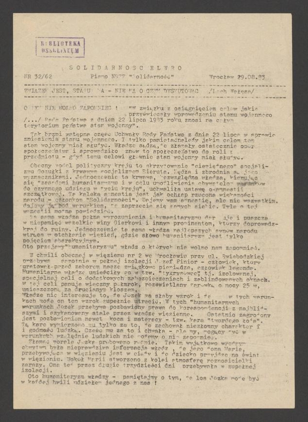 Solidarność Elwro : pismo NSZZ &bdquo;Solidarność&rdquo;. 1983, numer&nbsp;32&nbsp;(62)