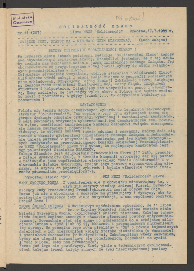 Solidarność Elwro : pismo NSZZ &bdquo;Solidarność&rdquo;. 1989, numer&nbsp;11&nbsp;(207)