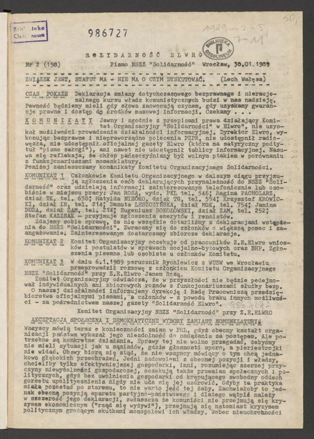 Solidarność Elwro : pismo NSZZ &bdquo;Solidarność&rdquo;. 1989, numer&nbsp;2&nbsp;(198)