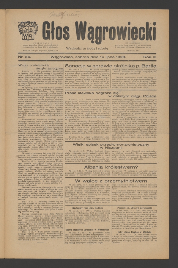 Głos Wągrowiecki. Rok 3, 1928, numer 54