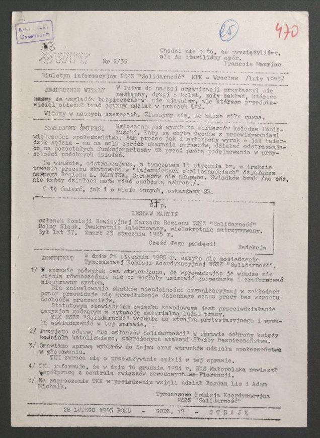 Świt&nbsp;: biuletyn informacyjny NSZZ &bdquo;Solidarność&rdquo; MPK Wrocław. 1985, numer&nbsp;2&nbsp;(35)