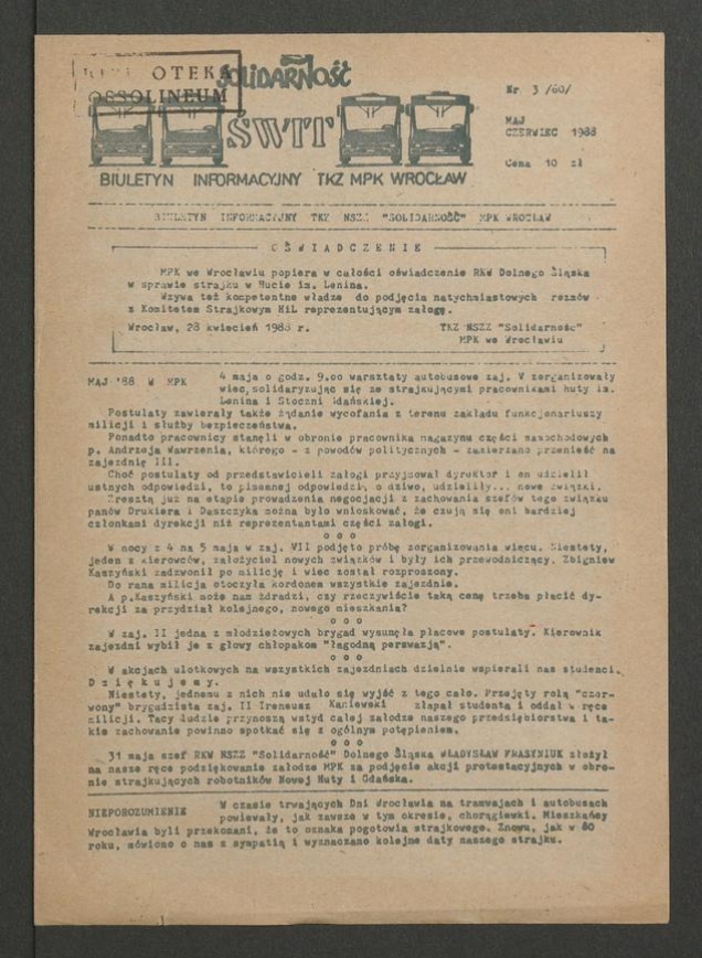 Świt: biuletyn informacyjny TKZ MPK Wrocław. 1988, numer&nbsp;3&nbsp;(60)