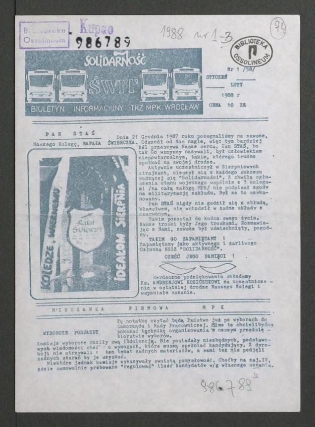 Świt: biuletyn informacyjny TKZ MPK Wrocław. 1988, numer&nbsp;1&nbsp;(58)