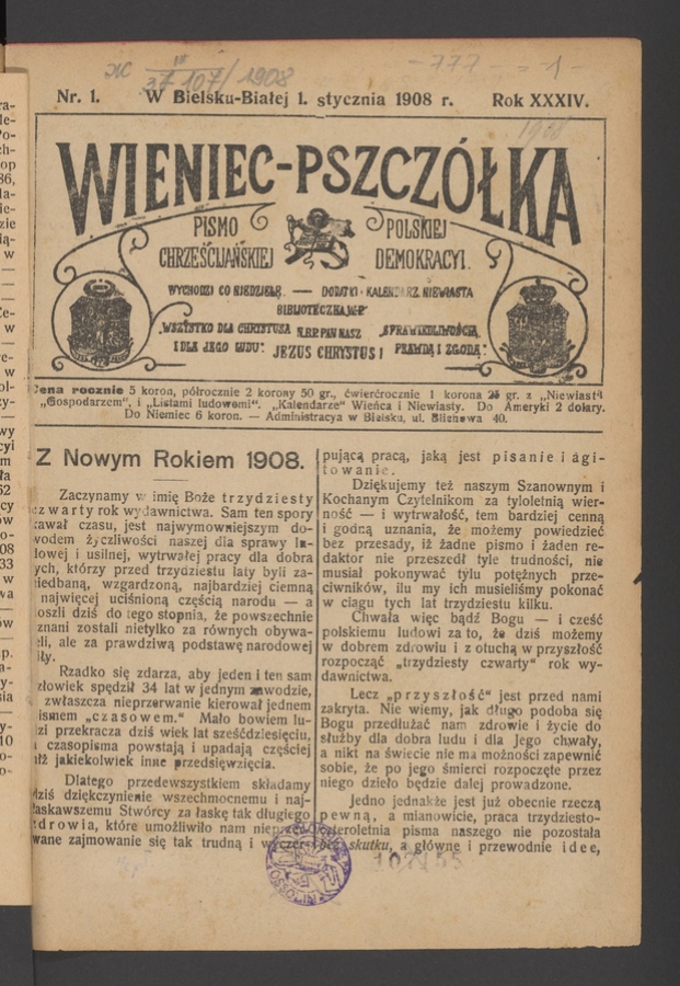 Wieniec-Pszcz&oacute;łka&nbsp;: pismo polskiej chrześcijańskiej demokracyi. Rok&nbsp;34, 1908, numer&nbsp;1