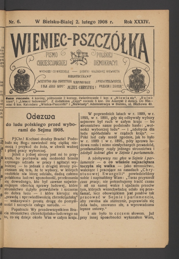 Wieniec-Pszcz&oacute;łka&nbsp;: pismo polskiej chrześcijańskiej demokracyi. Rok&nbsp;34, 1908, numer&nbsp;6