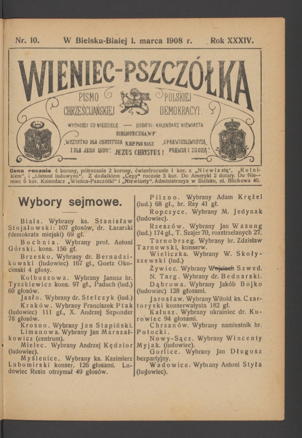 Wieniec-Pszcz&oacute;łka&nbsp;: pismo polskiej chrześcijańskiej demokracyi. Rok&nbsp;34, 1908, numer&nbsp;10