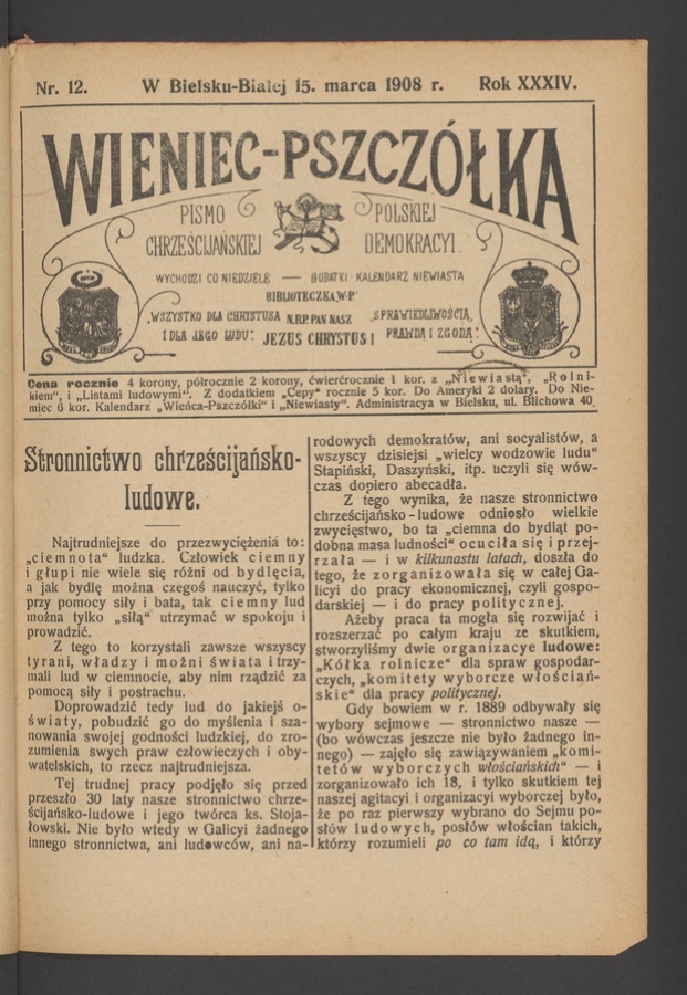 Wieniec-Pszcz&oacute;łka&nbsp;: pismo polskiej chrześcijańskiej demokracyi. Rok&nbsp;34, 1908, numer&nbsp;12