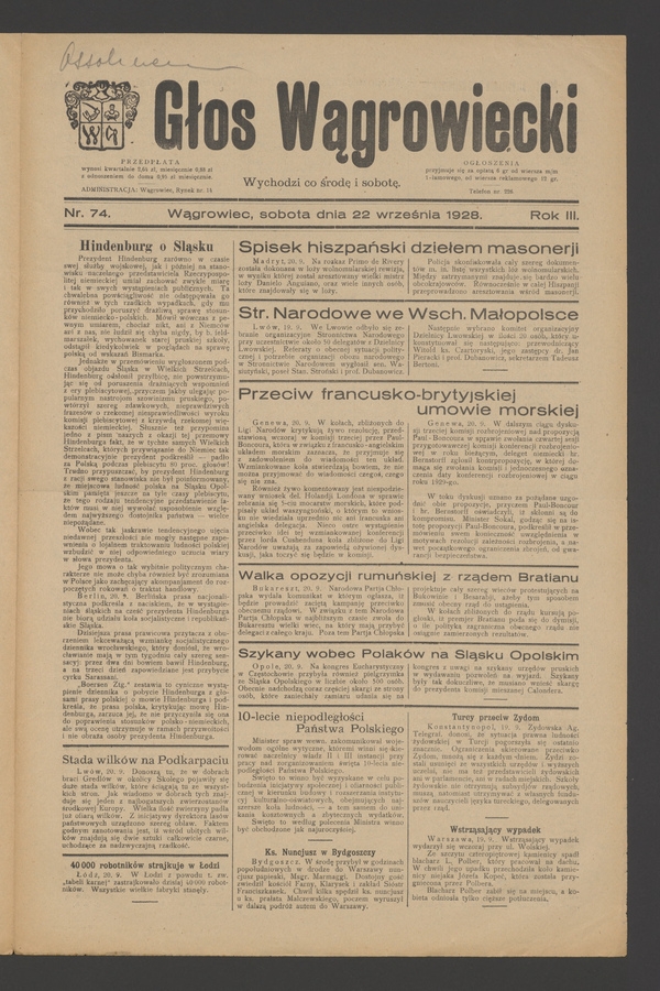 Głos Wągrowiecki. Rok 3, 1928, numer 74